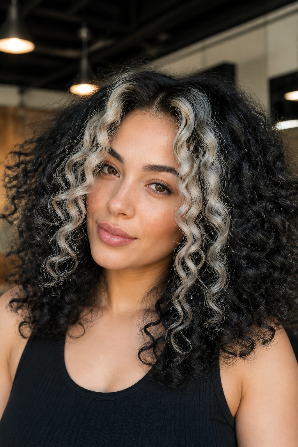 Close-up of a real woman with rooted platinum front pieces and dark roots on curly hair