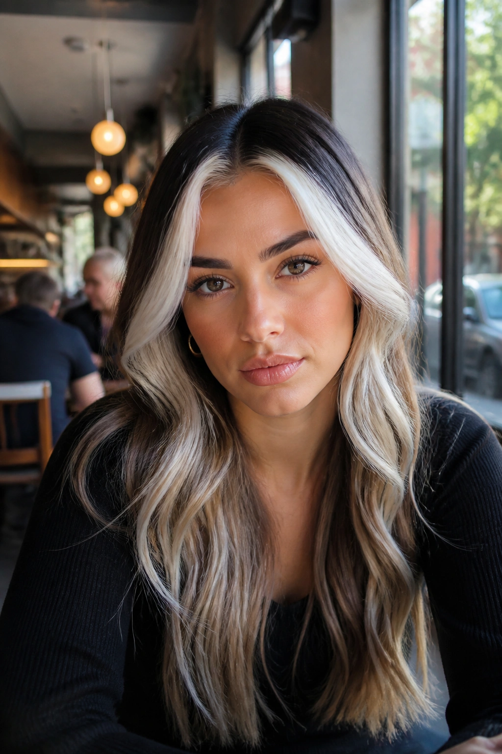Portrait of woman with rooted dark roots and platinum front pieces