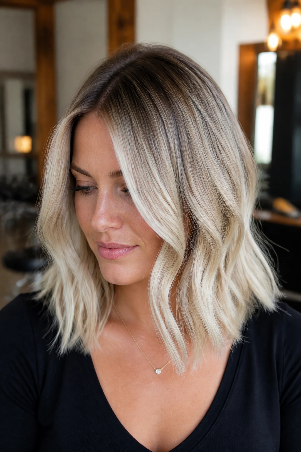Close-up of a real woman with rooted platinum hair and darker roots, medium-length waves