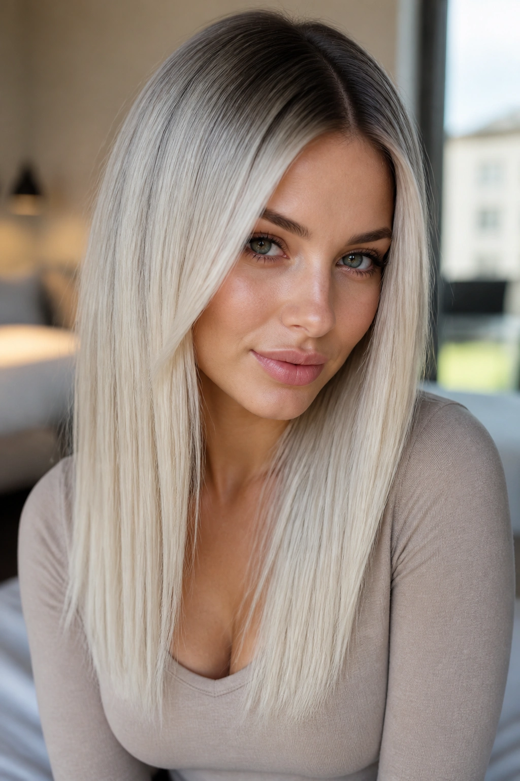 Close-up of a real woman with rooted platinum melt, soft shadow root and icy ends, natural window light