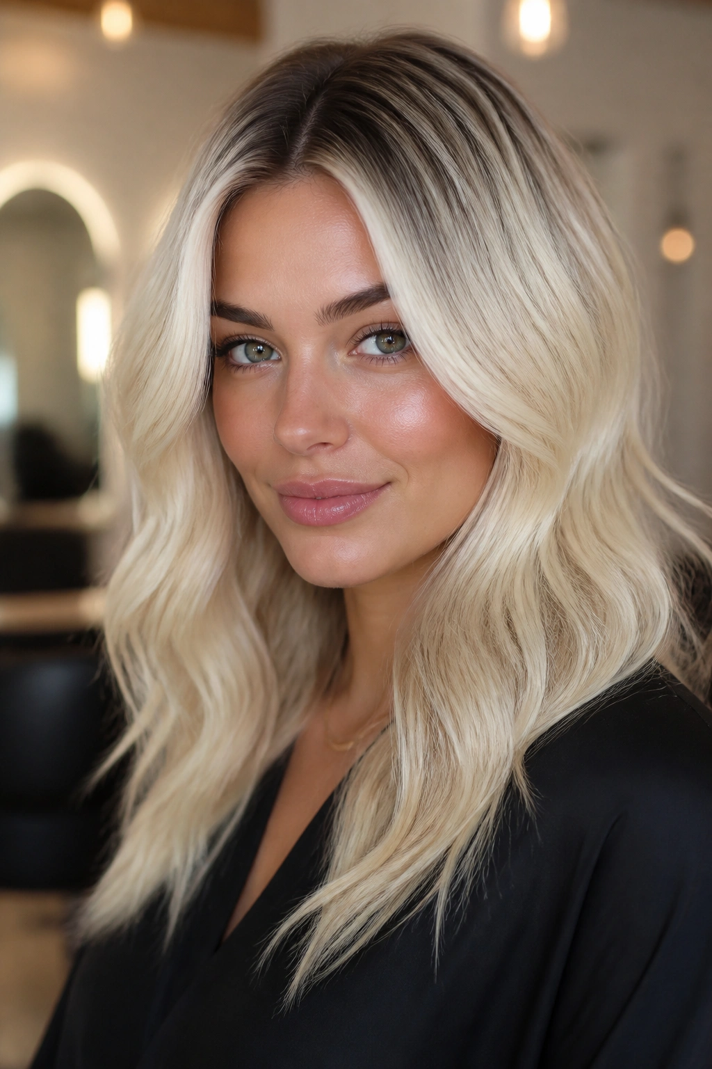 Close-up of a real woman with rooted platinum hair in a salon