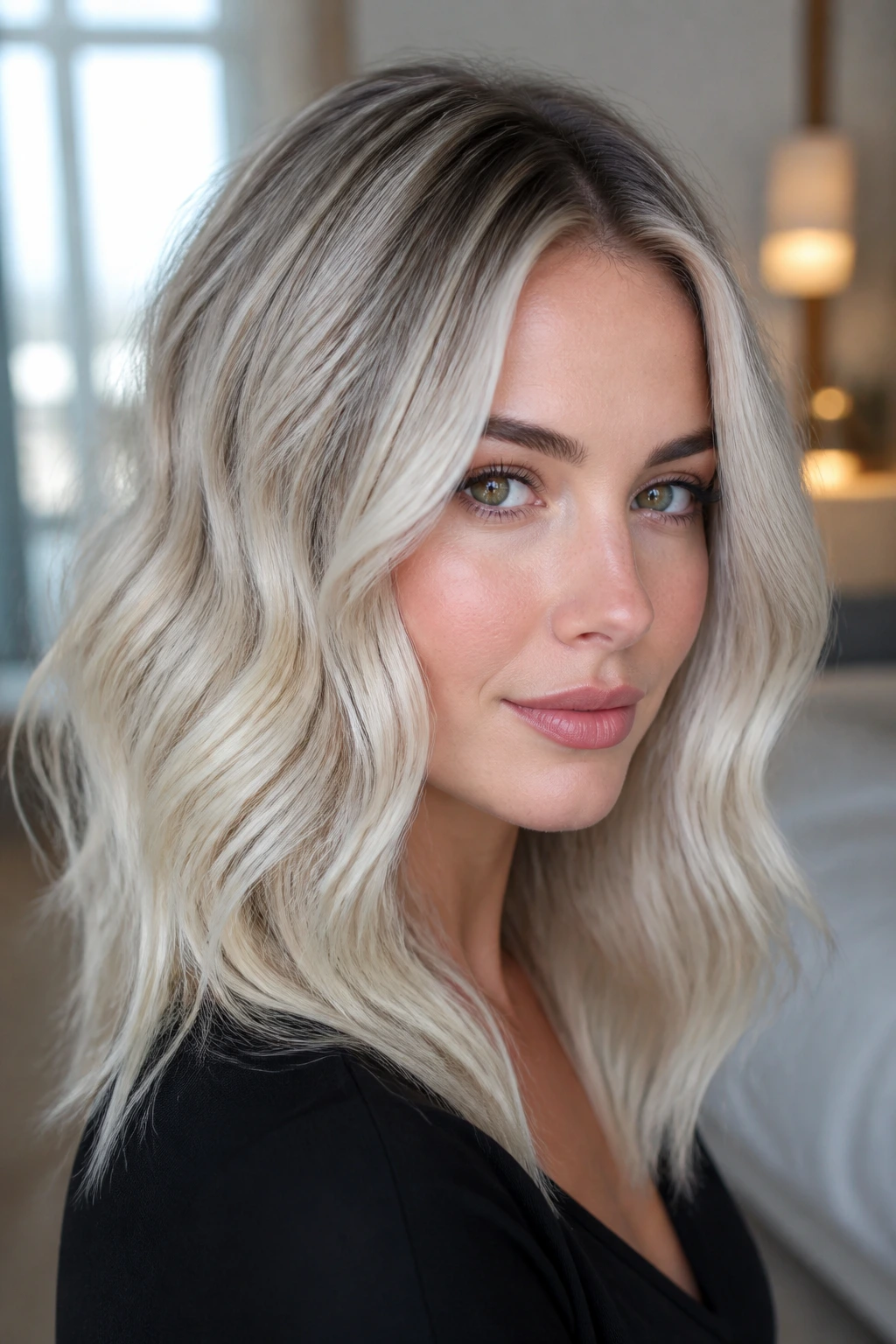 Close-up portrait of a real woman with rooted platinum hair and soft waves