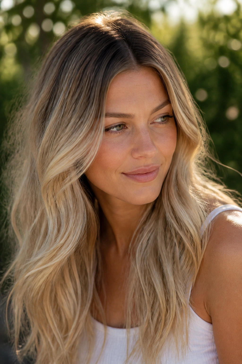 Close-up portrait of a real woman with rooted sandy blonde hair and darker roots