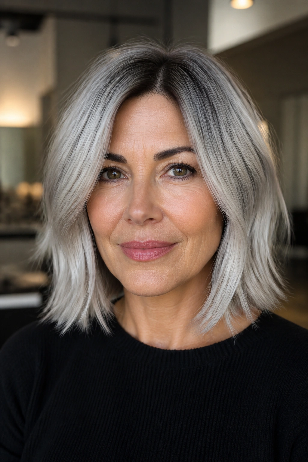 Portrait of a real person with a rooted silver lob and dark root smudge.