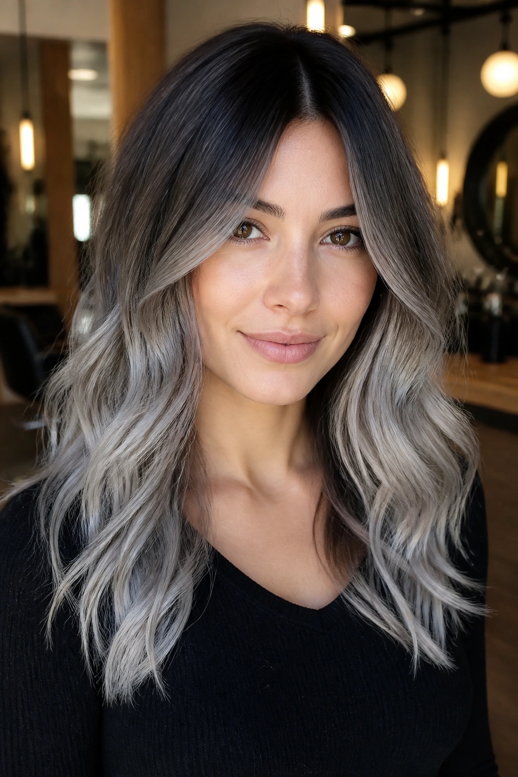 Close-up of rooted silver melt on dark brown to silver hair on a real person