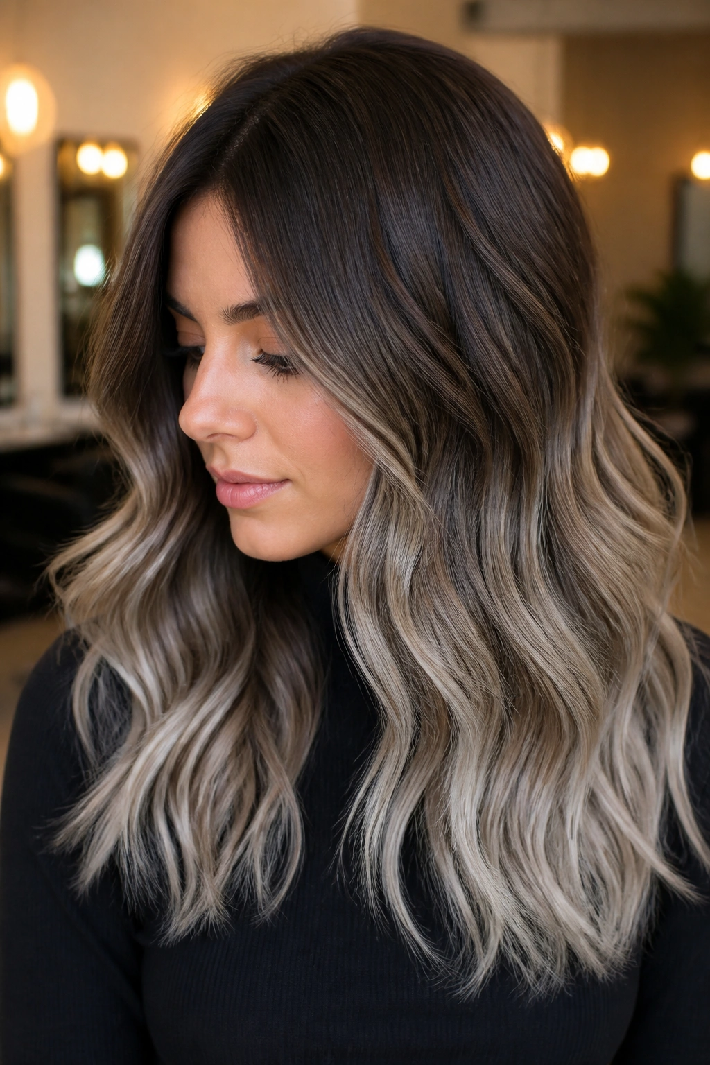 Close-up of rooted silver melt showing dark roots fading to frosted silver ends on brown hair.