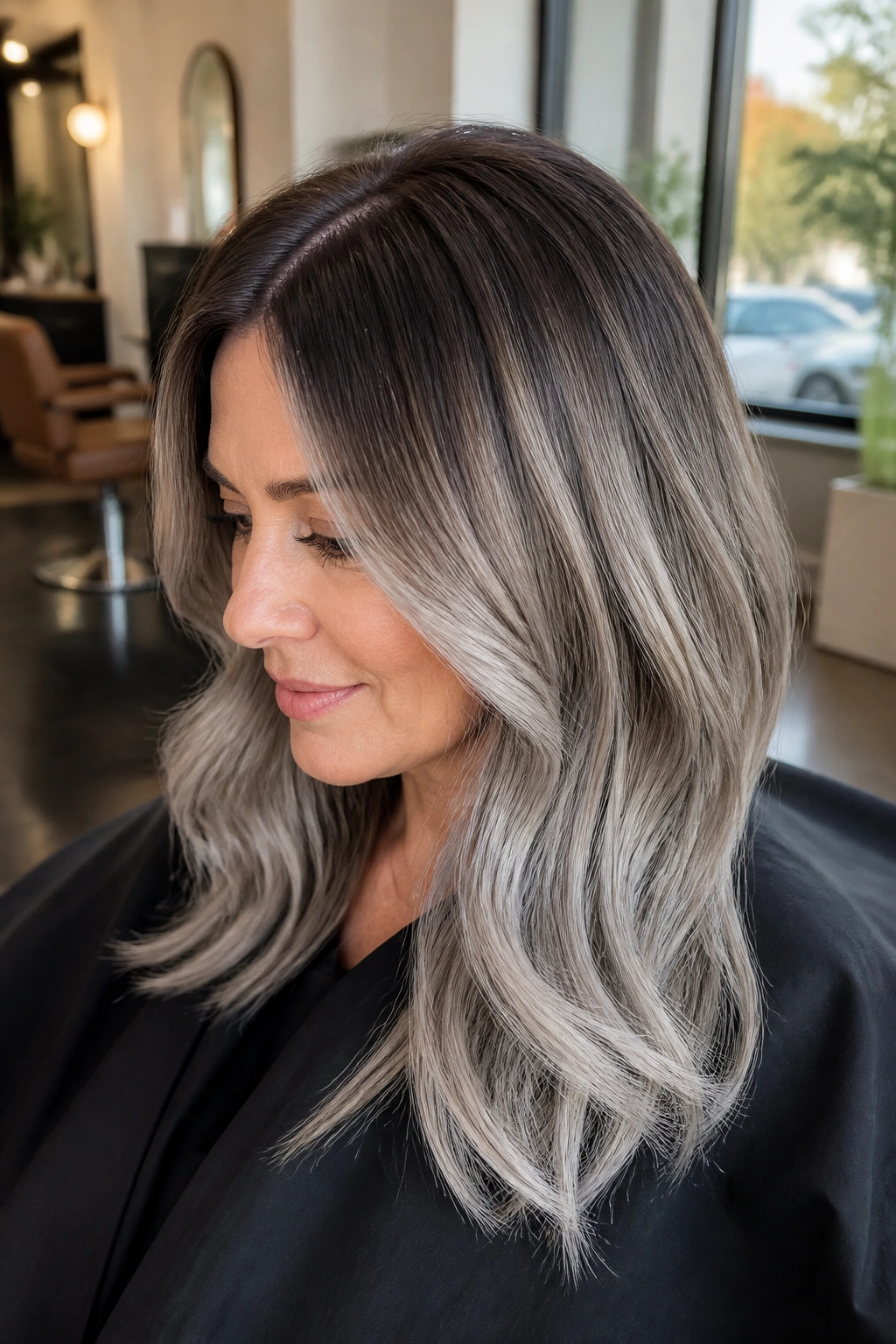 Close-up of a real person with rooted silver melt on medium brown hair.