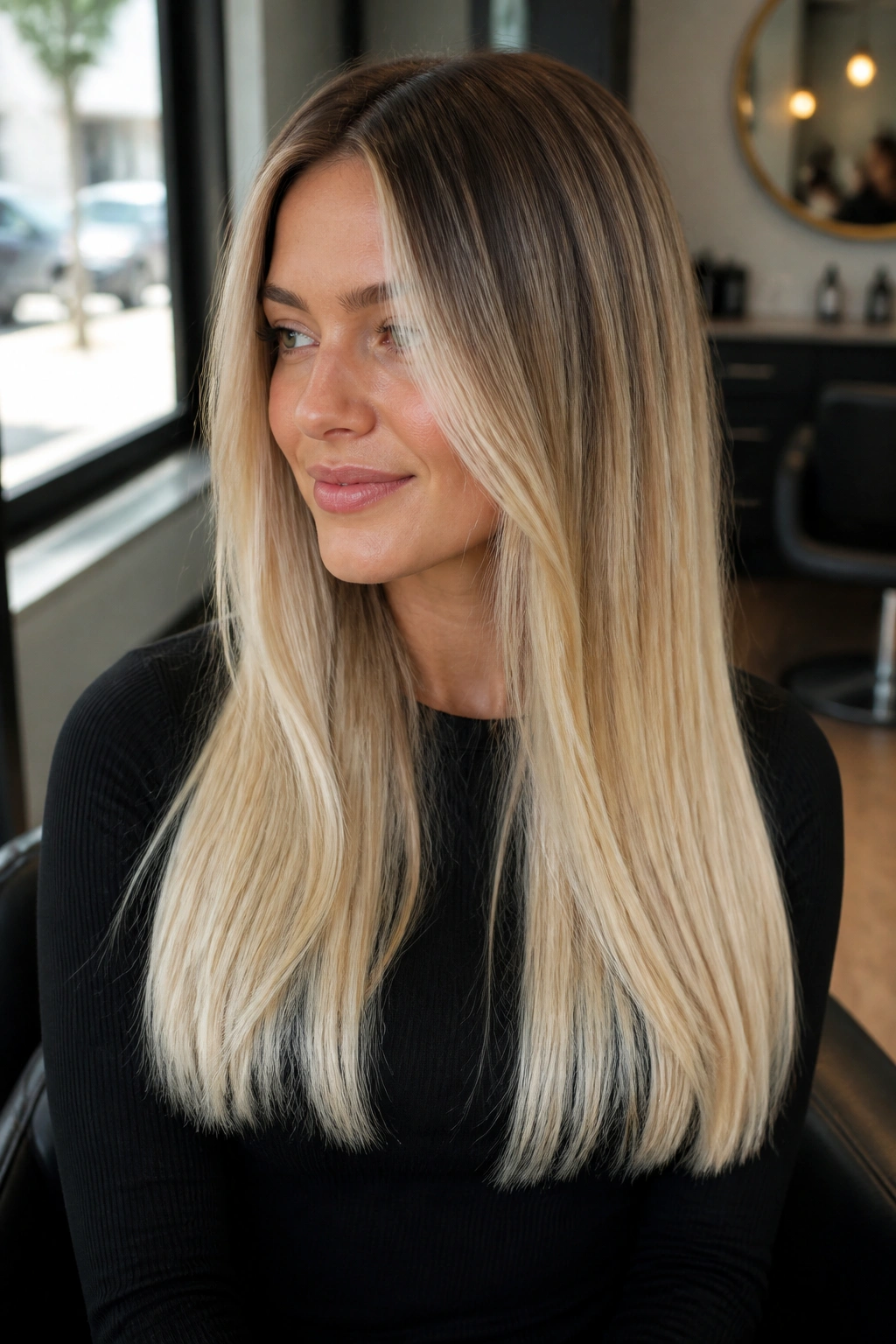 Close-up portrait of rooted vanilla blonde on straight hair