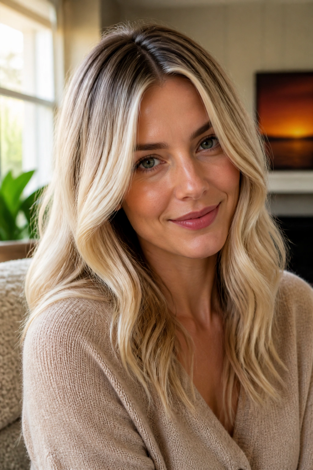 Close-up of rooted vanilla blonde hair with a soft creamy blonde shade