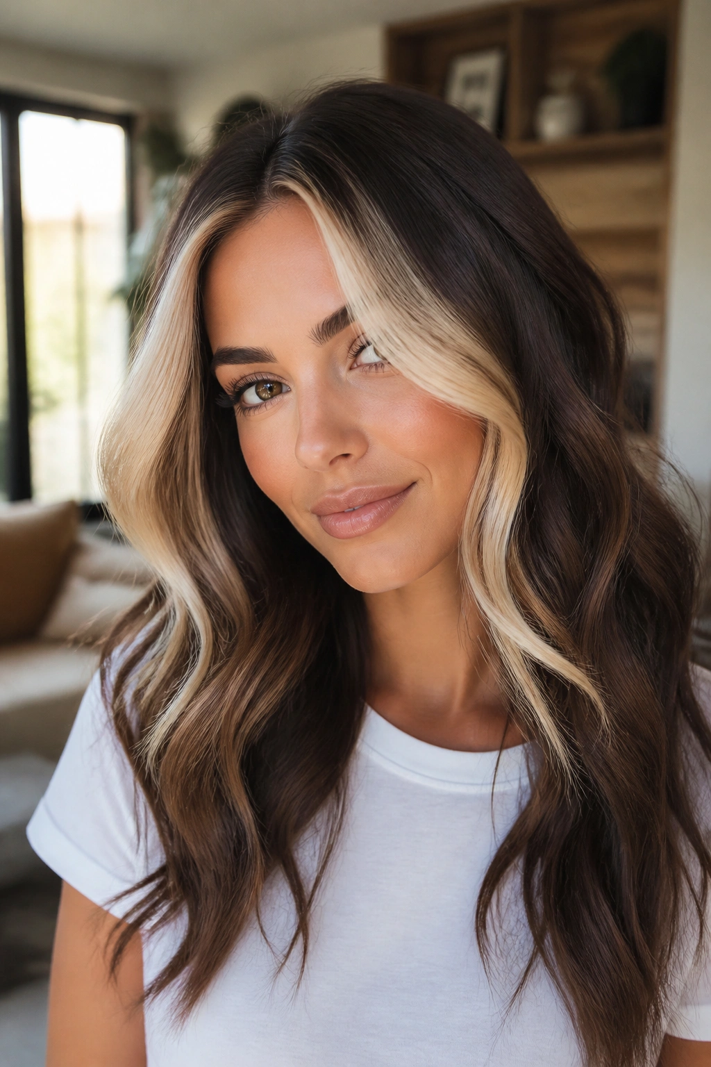 Brunette with rooted vanilla blonde money piece in a cozy living room