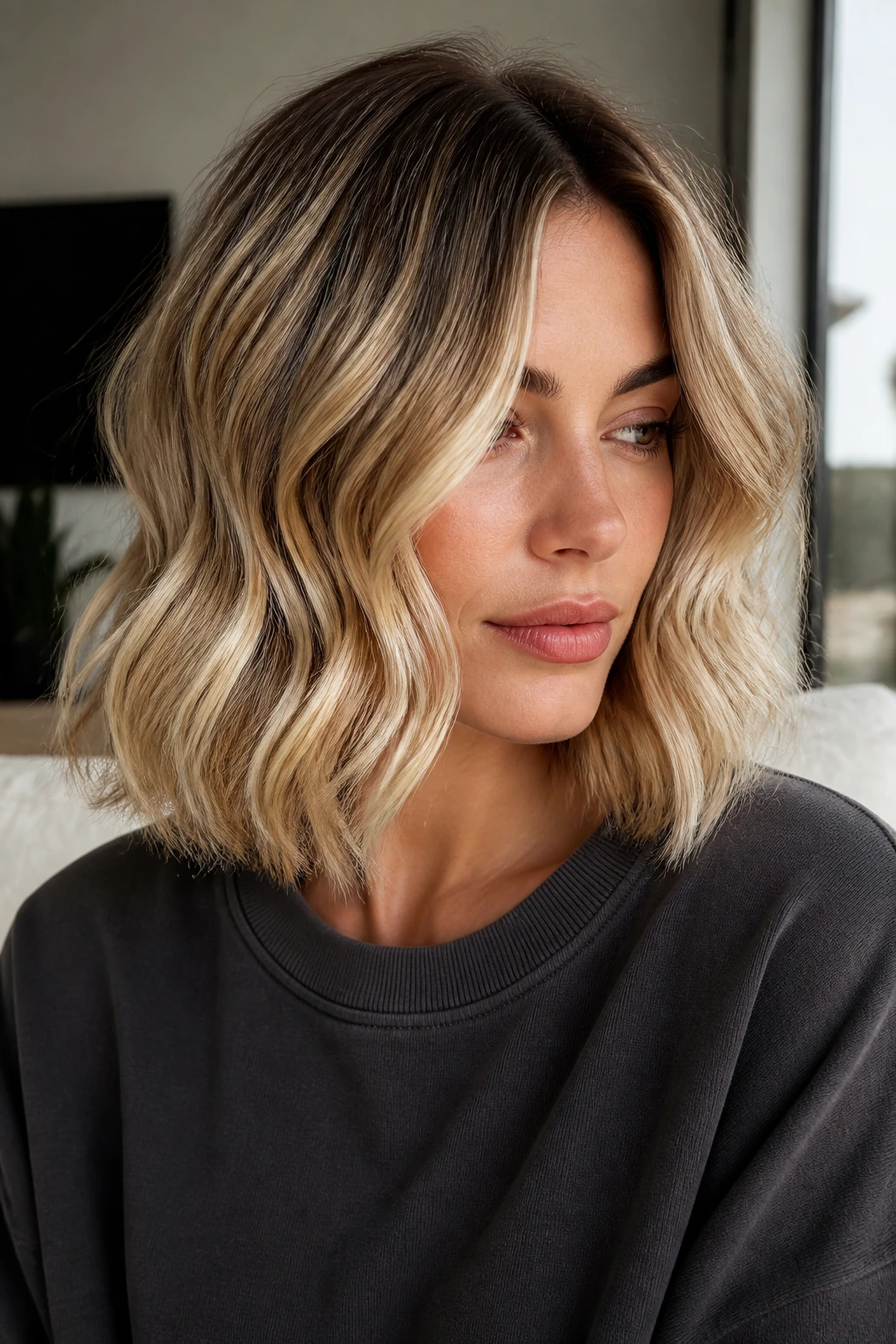 Portrait of a real woman with rooted wheat blonde bob in natural light