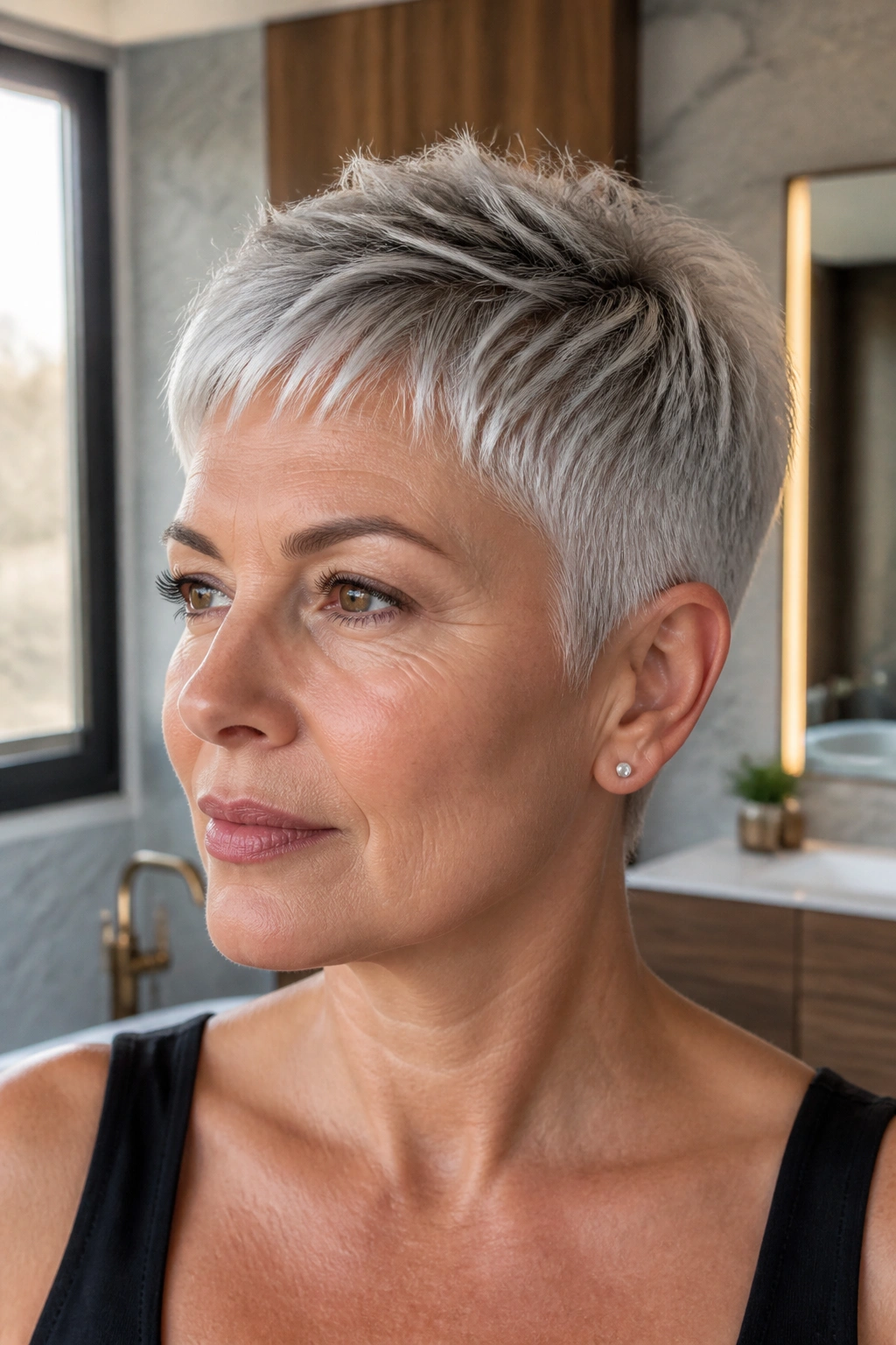 Close-up portrait of a real person with rooted white crop and dark roots