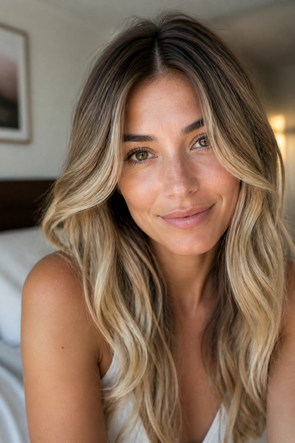 Close-up of a real woman with rooty beige blonde and subtle grow-out.