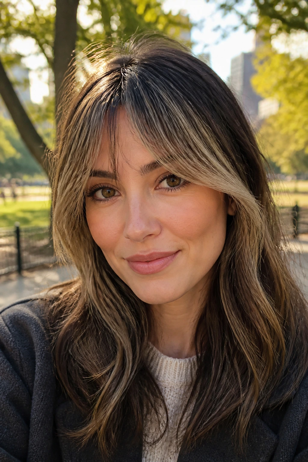 Close-up of a real woman with highlighted bangs and rooty face-framing color