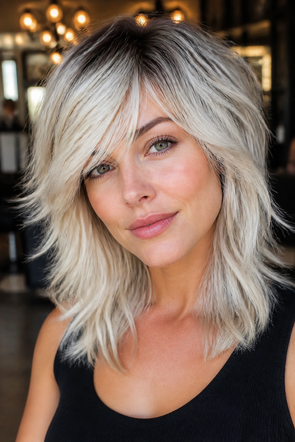 Close-up portrait of a real person with a rooty platinum wolf cut and side-swept bangs in a salon.