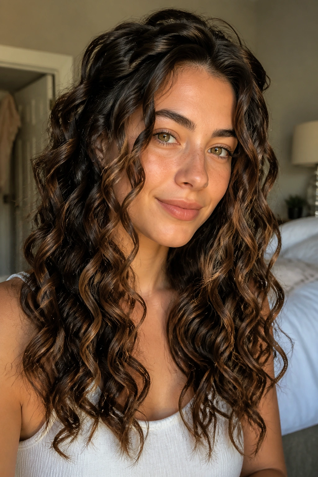 Close-up of a real woman with rope-bend curls formed without heat