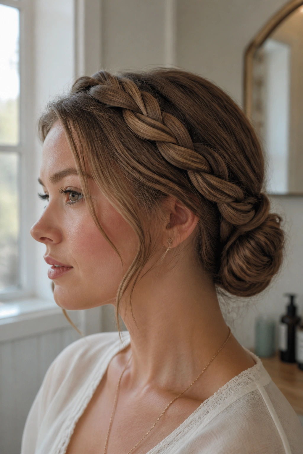 Real woman with rope braid twisted into a low bun; natural daylight.