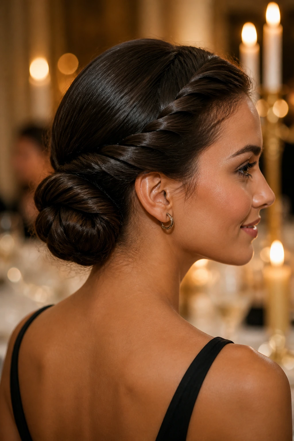Real woman with rope-braid bun at nape in candlelit dining room
