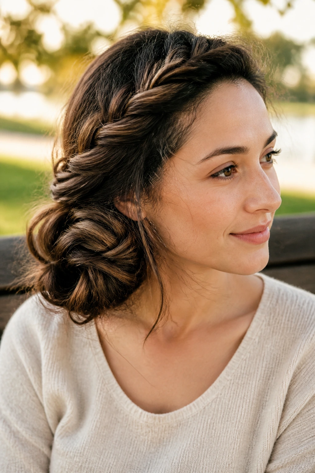 Close-up of a real woman wearing a rope-braid side bun outdoors