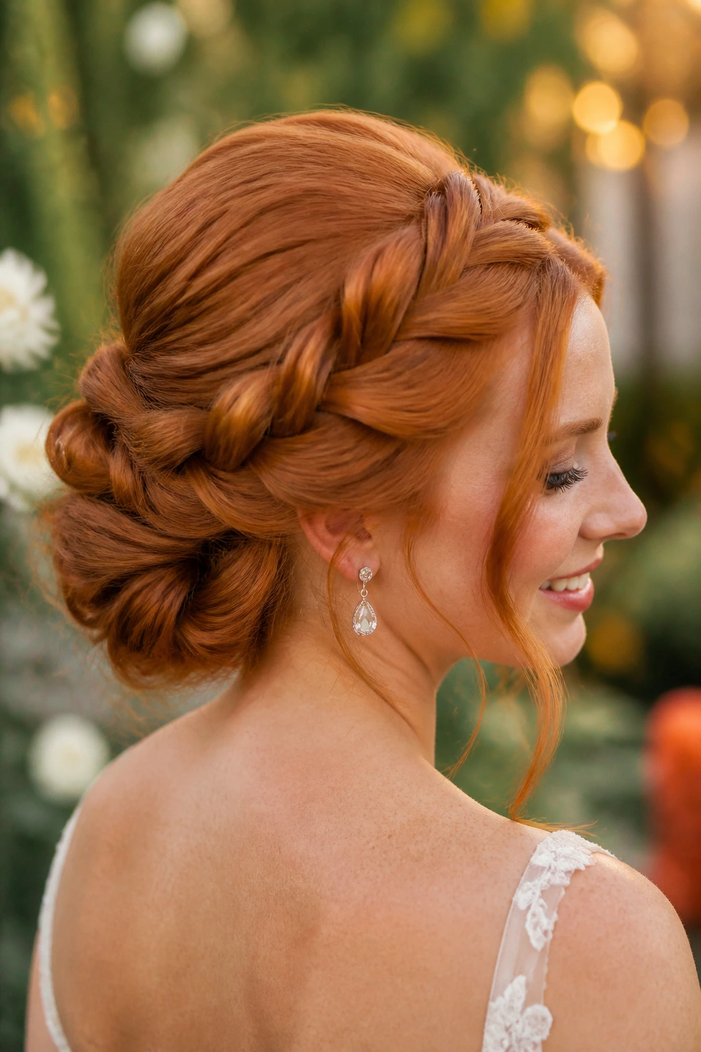 Close-up of rope braid bun on auburn hair outdoors