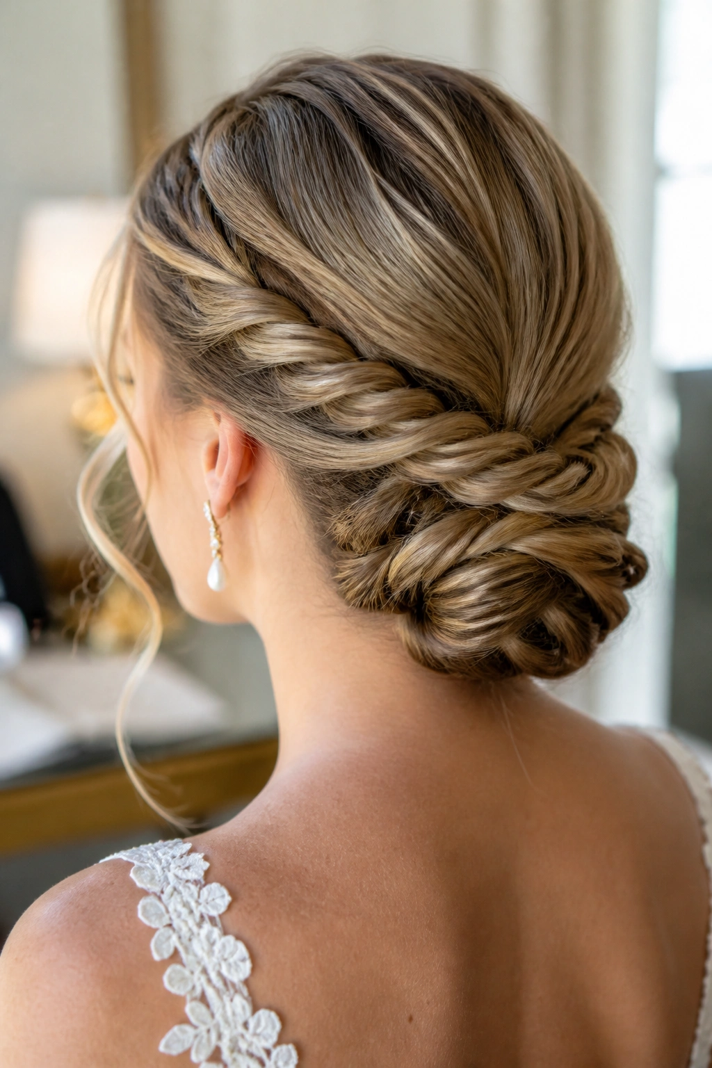 Close-up of real woman with rope-braided low bun highlighting spiral twists