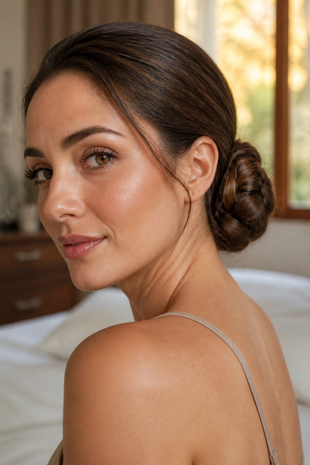 Close-up of a rope-braid low bun on a real woman with glossy intertwined strands
