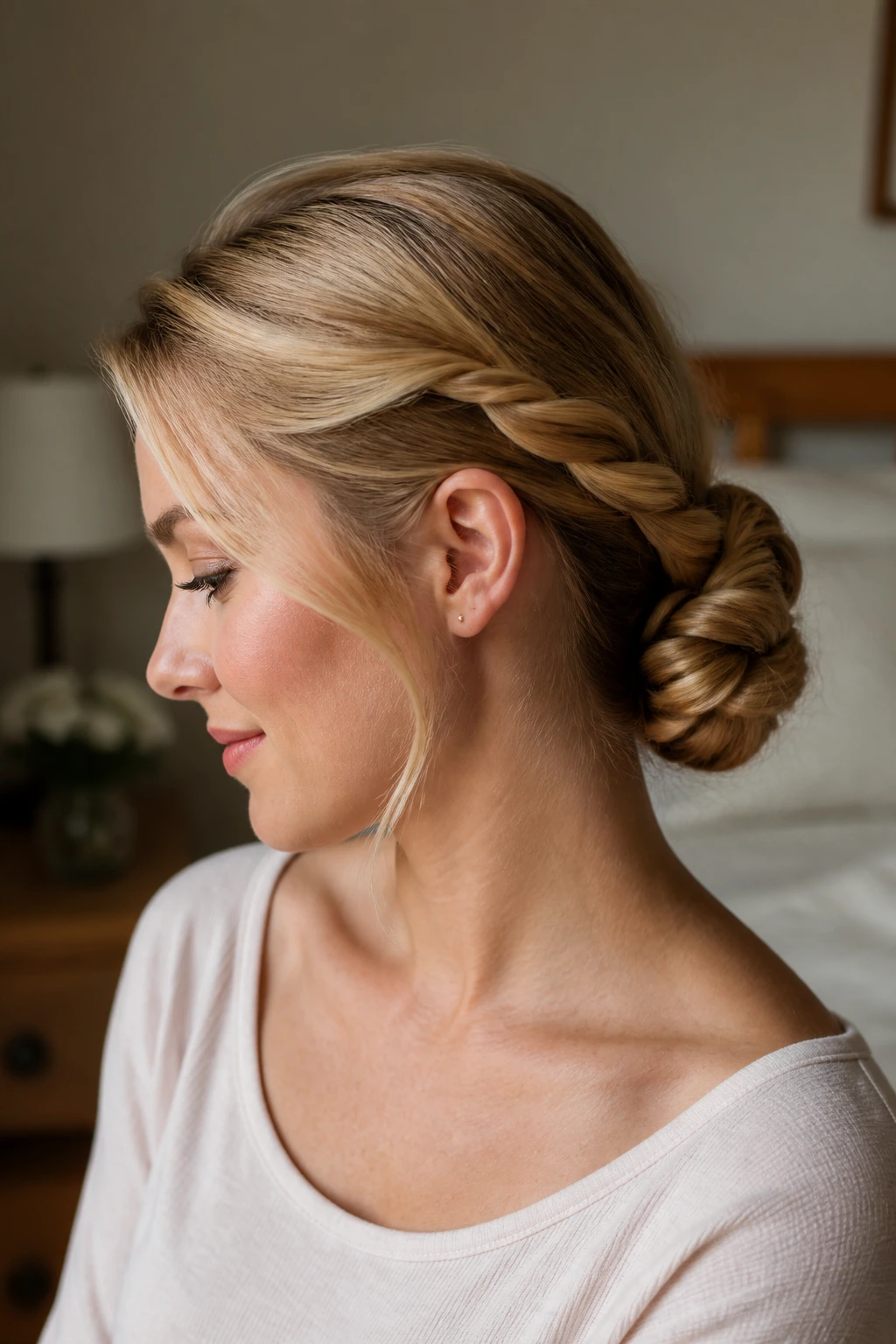 Close-up portrait of a woman with a rope-braid bun at the nape in soft morning light