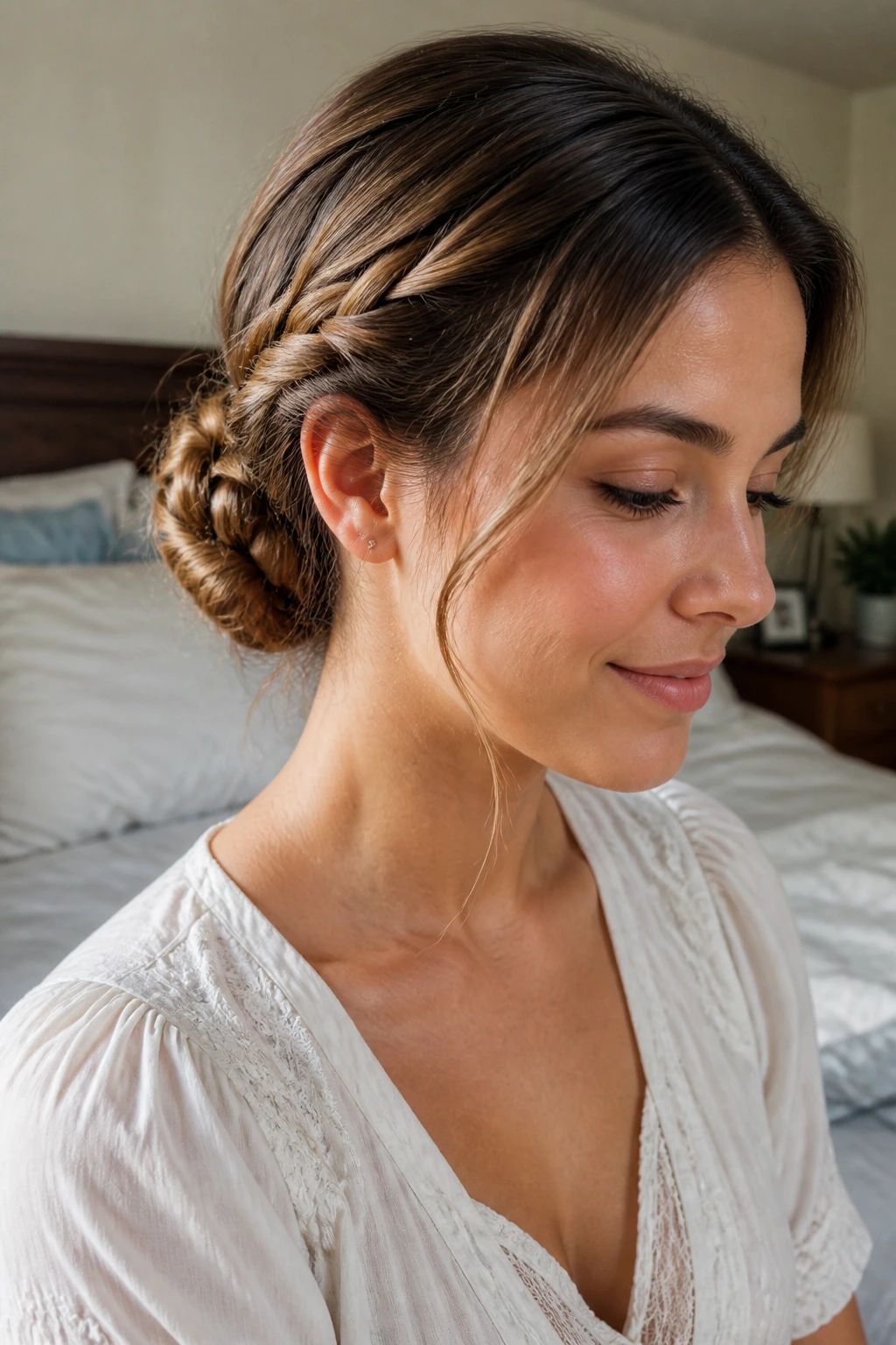 Close-up of real woman with rope-braid bun at the nape