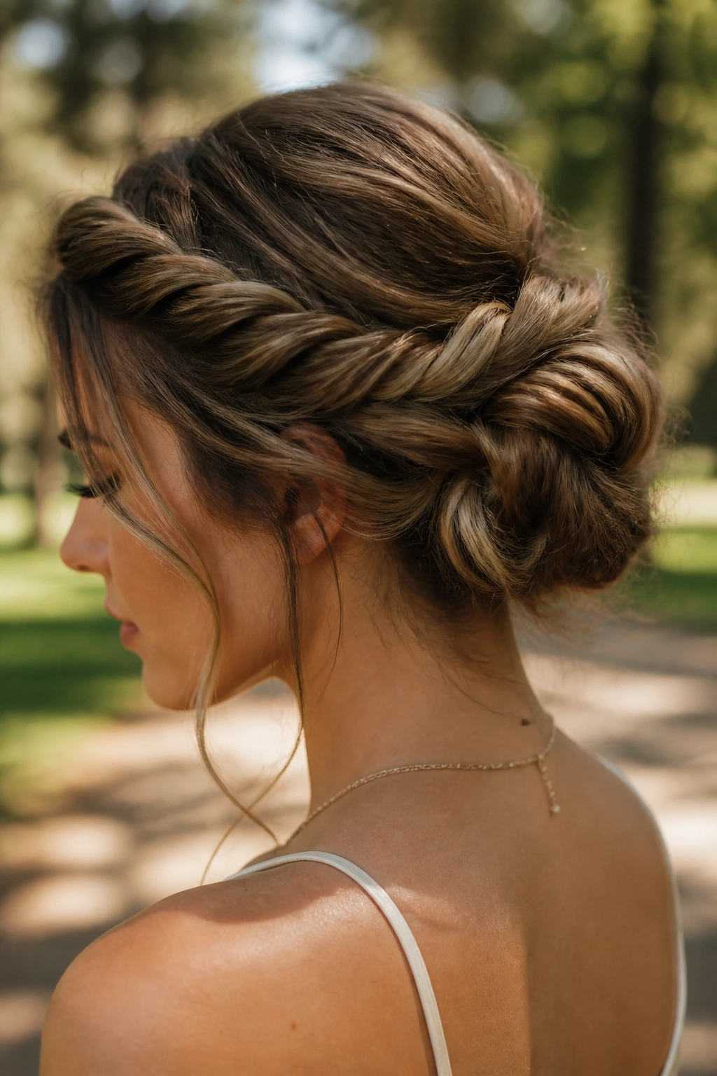 Close-up of a real woman with a rope-braid bun showing texture outdoors in sunlight.