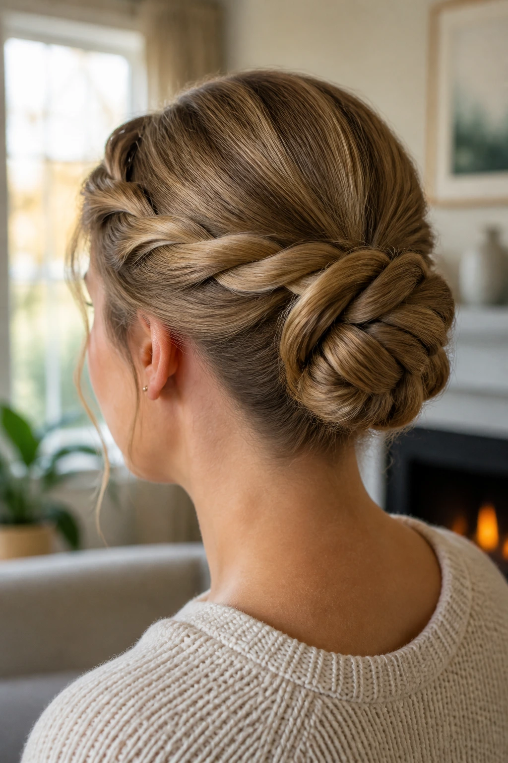 Close-up of a real woman with rope twists forming a textured bun at the back of the head.