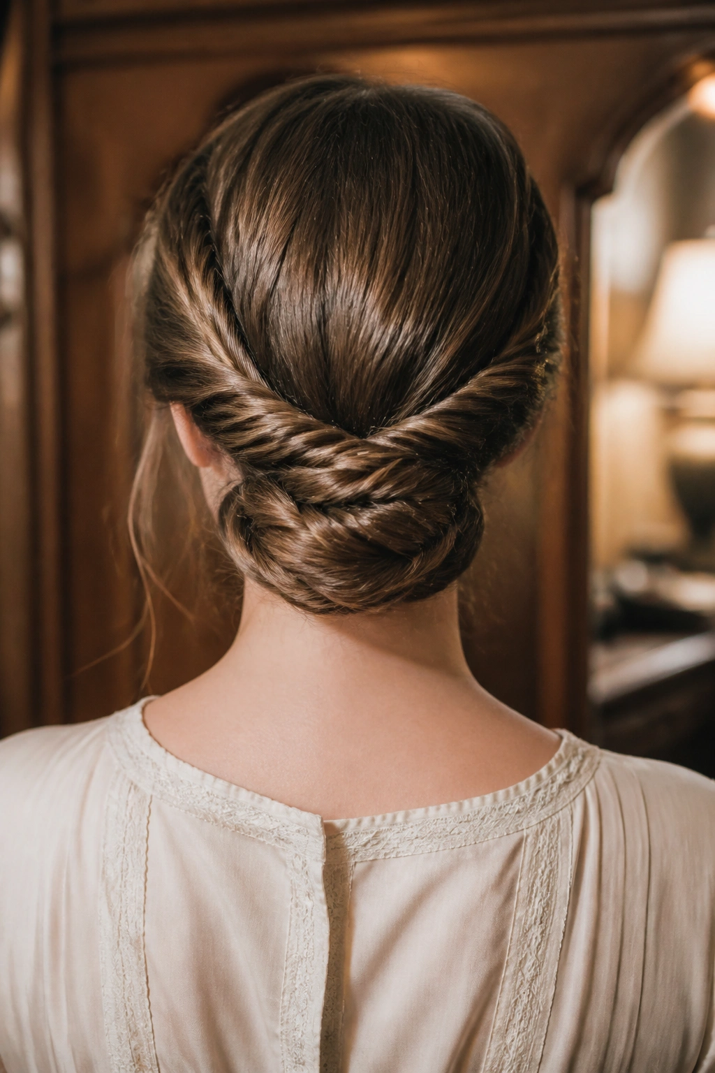 Back view of a rope-braid chignon at the nape on a real woman