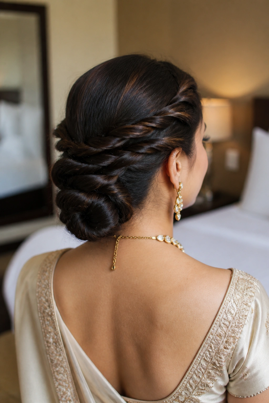 Close-up of a real woman with a rope braid chignon at the nape.