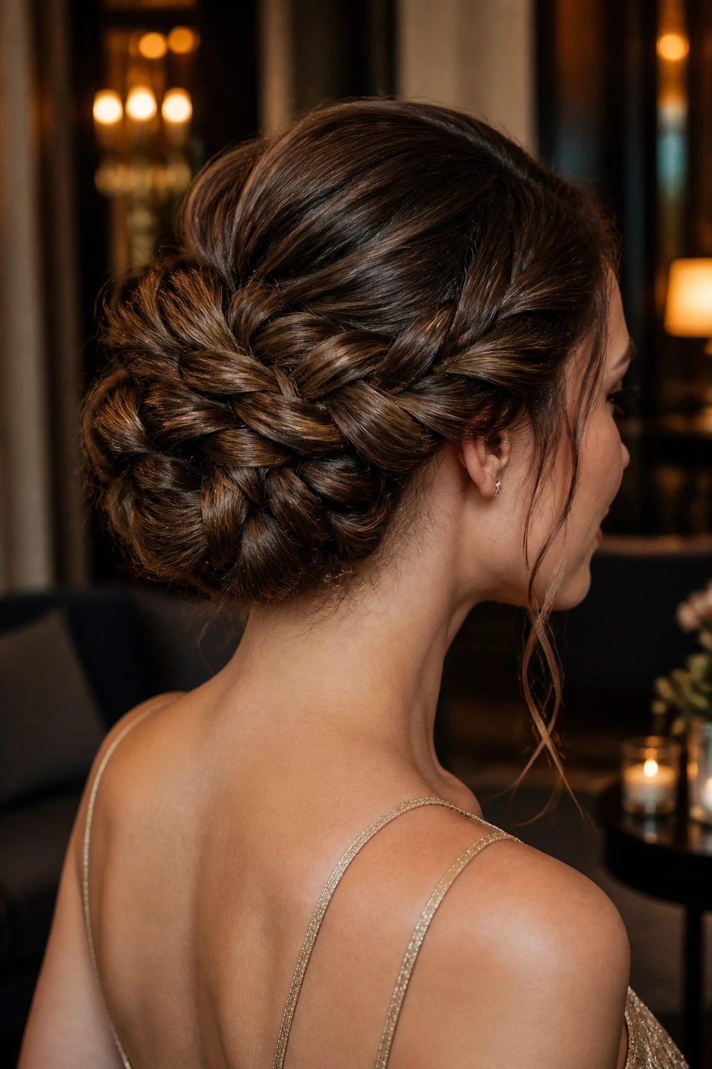 Real woman with rope-braid chignon in warm ambient lighting