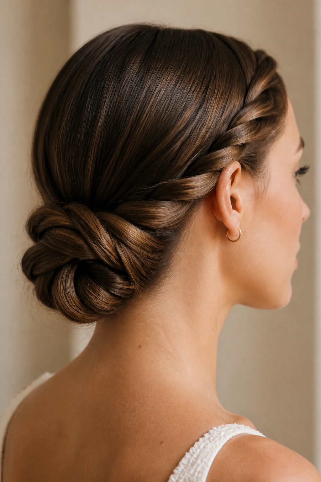 Close-up of a rope-braid chignon forming a low knot on a real person.