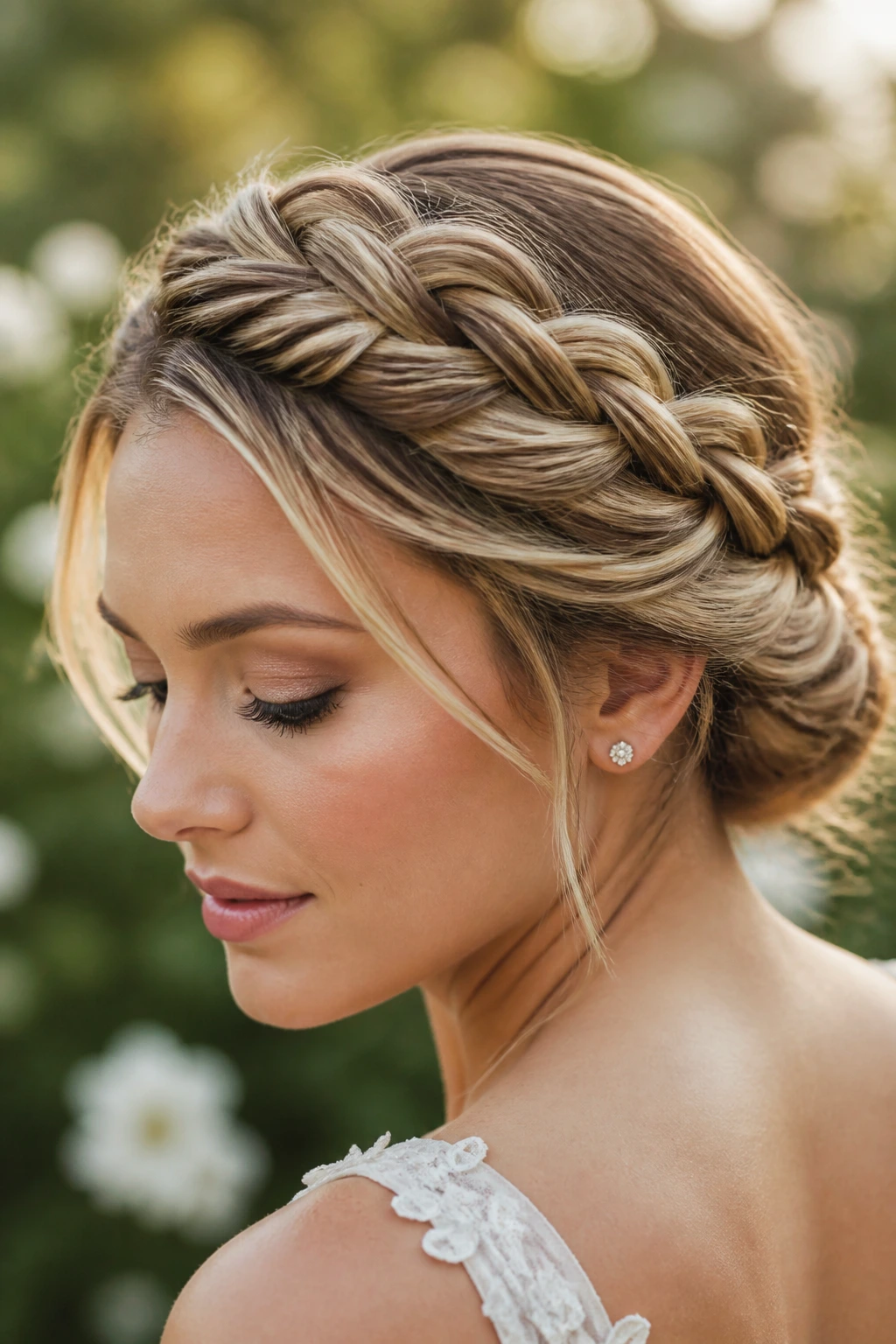 Close-up of a real woman with a rope braid crown around her head.