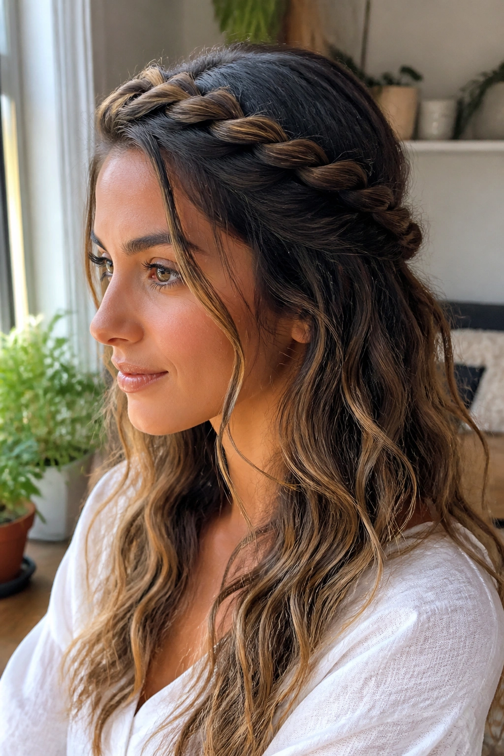 Close-up of a real woman with rope-braid crown and loose ends in sunlit room