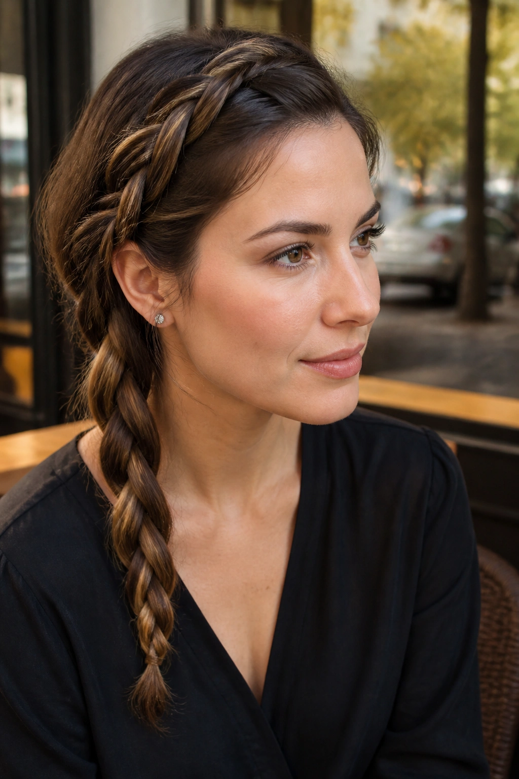 Close-up of a real woman with a rope braid along the side