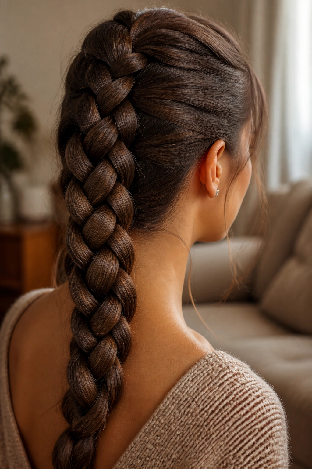 Close-up of a real woman with a rope-like four-strand braid along the back of her head