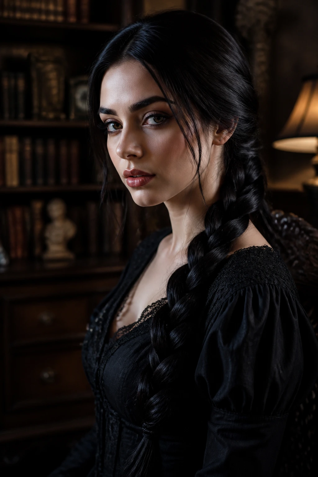 Portrait of a real person with a rope braid along the shoulder in a gothic setting.