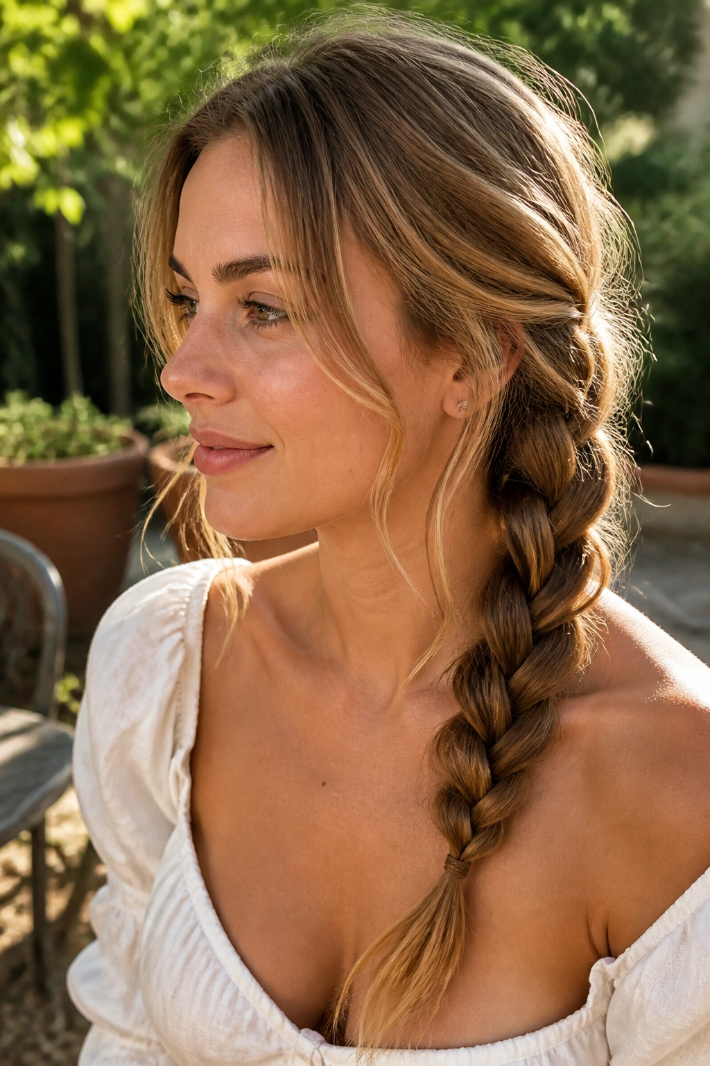 Close-up of a real woman's hair in a loose rope braid on a garden patio