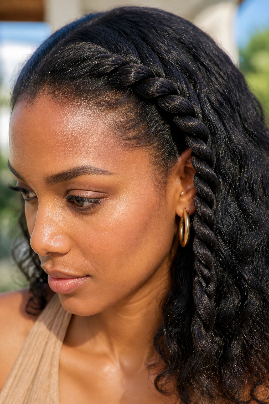 Close-up of a real woman with a rope twist braid along the side
