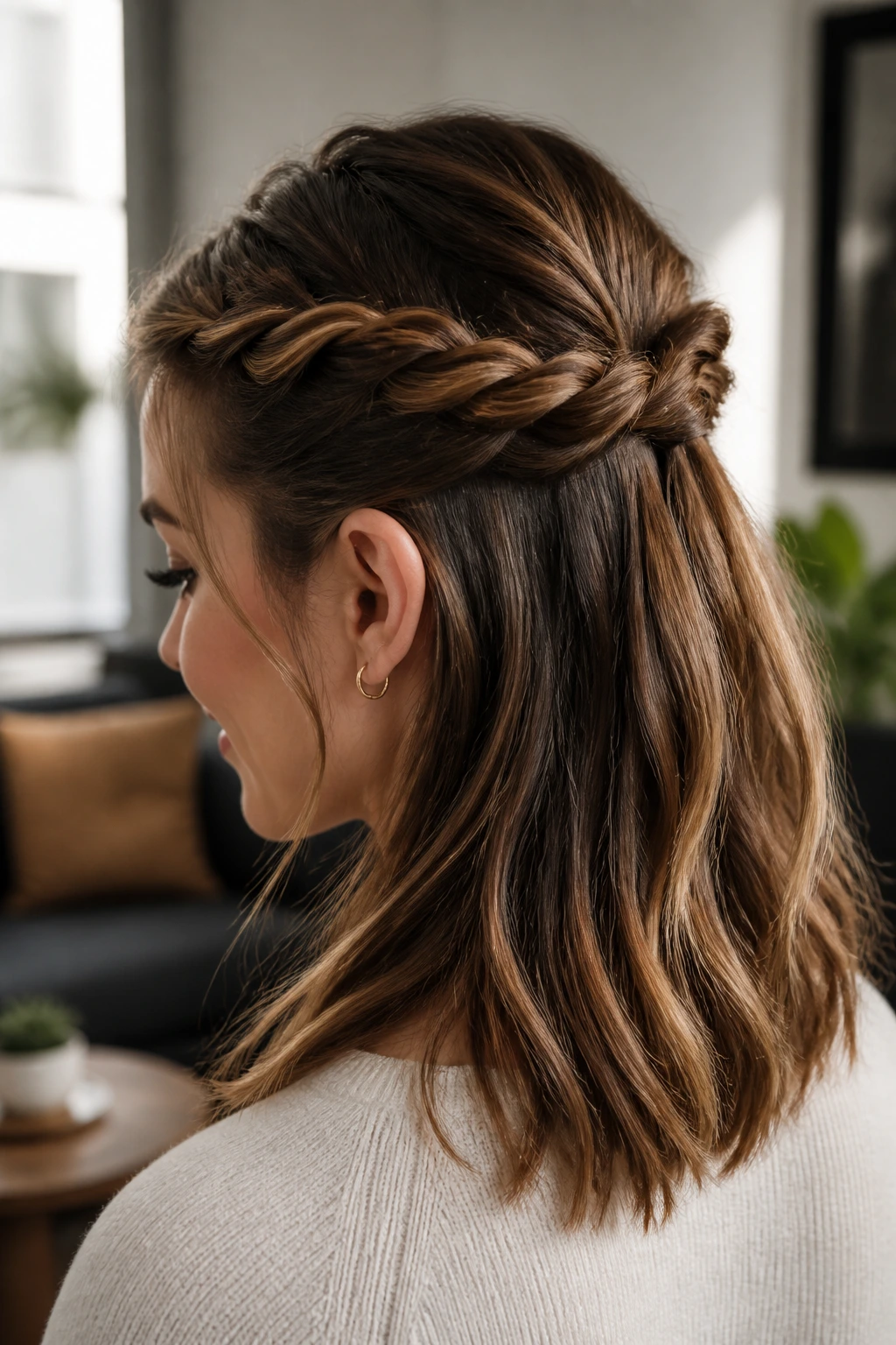 Close-up of real woman with rope braid half-ponytail