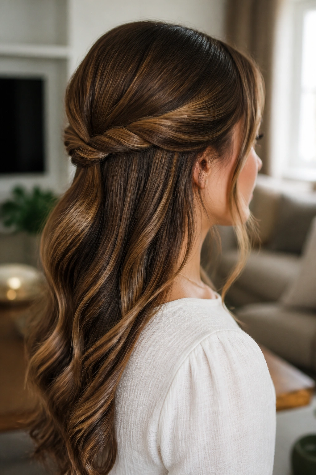 Medium close-up of rope braid half-up on real woman in sunlit living room