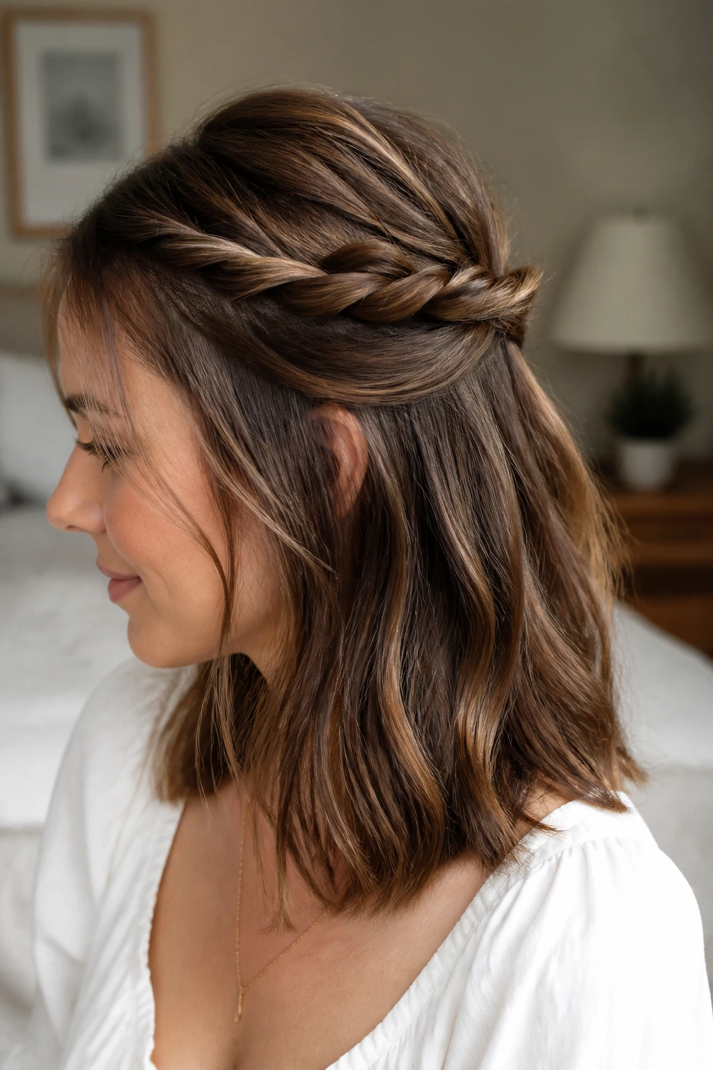 Close-up portrait of a real woman with a rope-braid half-up hairstyle in natural window light