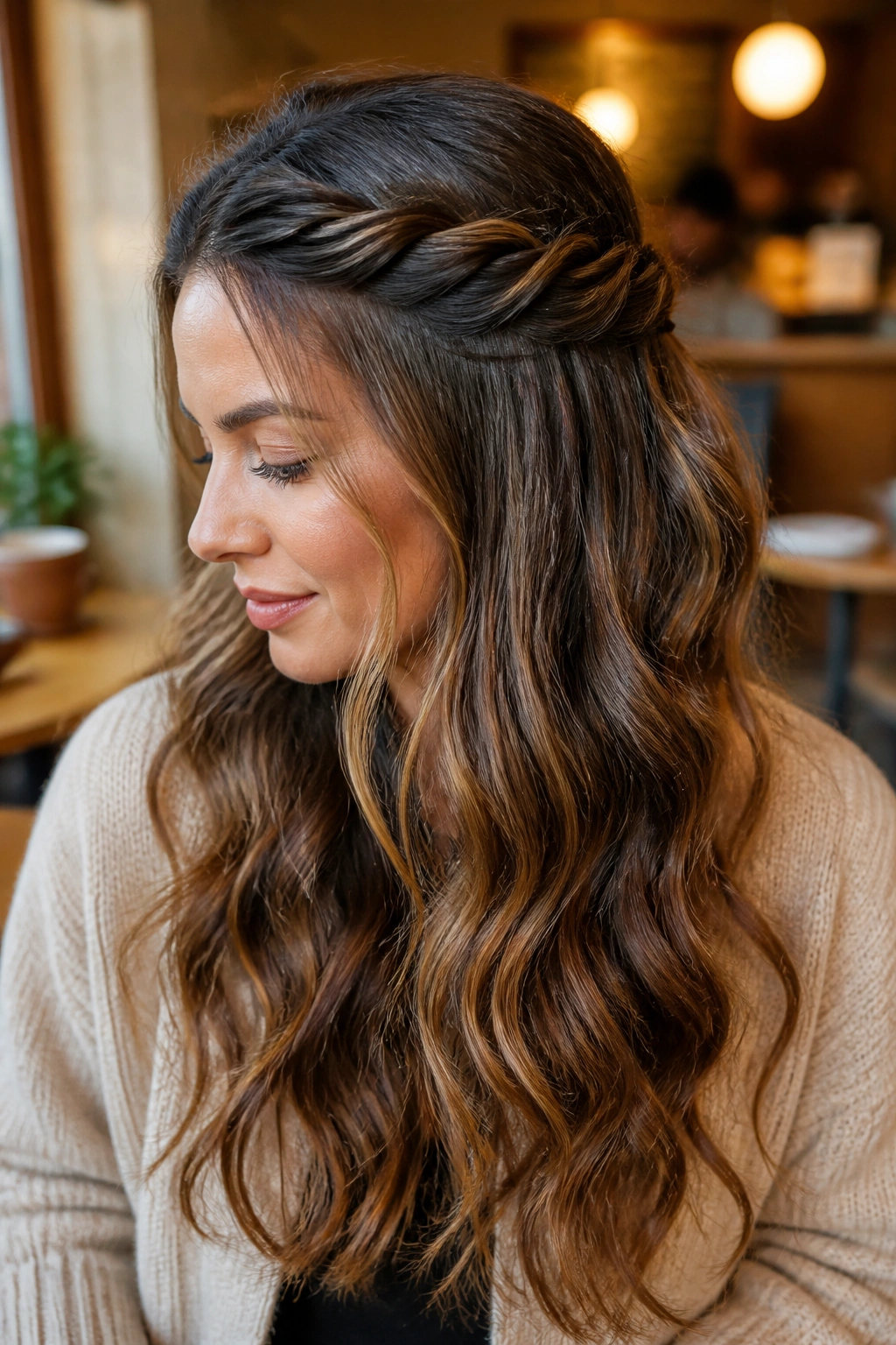 Close-up of a person showing a rope braid half-up hairstyle