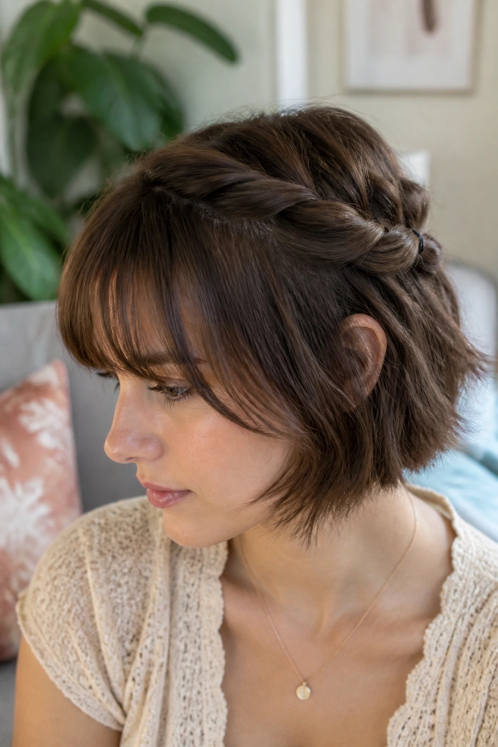 Close-up of a real person with a loose rope braid half-up hairstyle on short hair