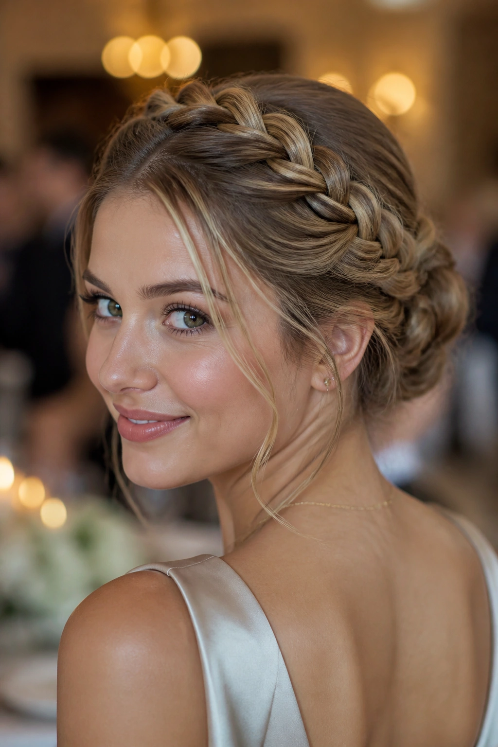 Close-up of a woman with a rope-braid halo bun