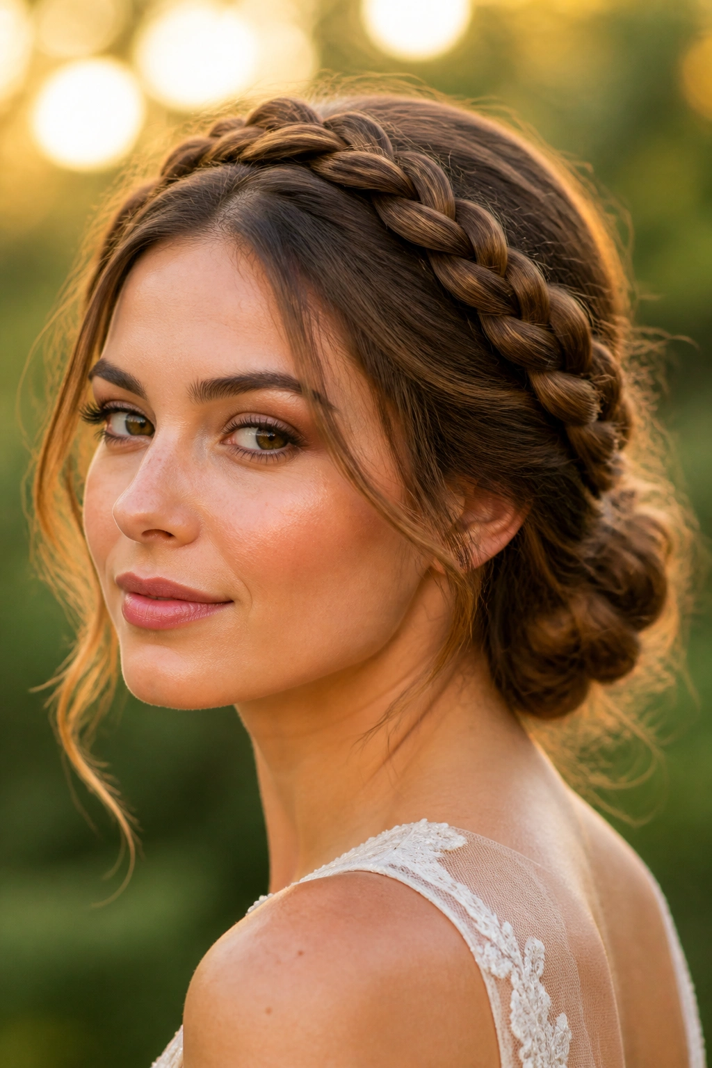 Close-up of a real woman featuring a rope braid halo and a low chignon.