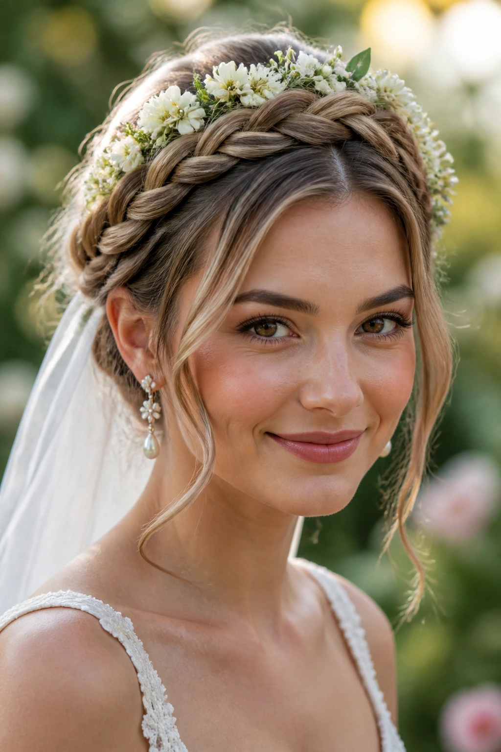 Bride wearing rope braid halo and floral tiara