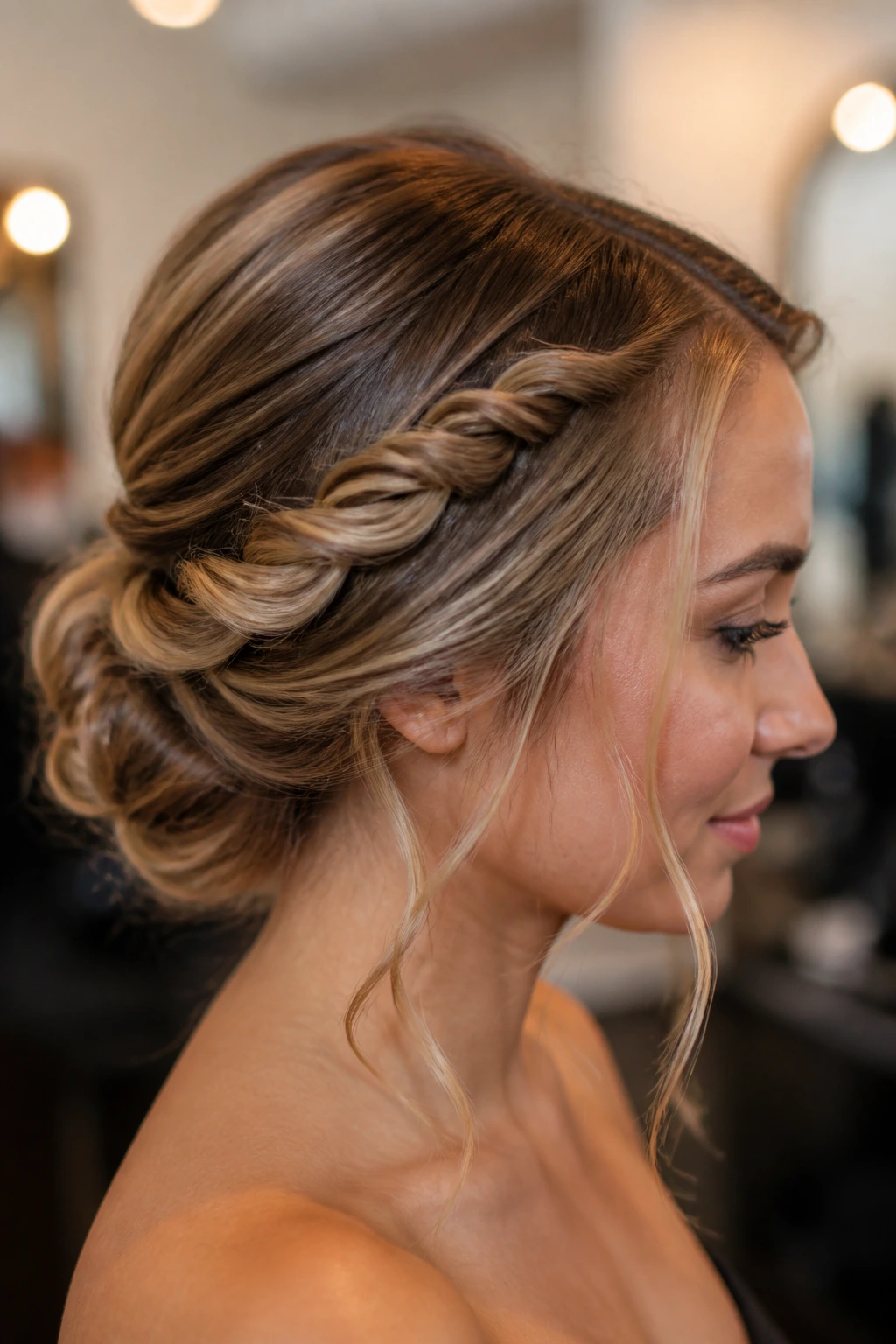 Close-up of a real woman with a rope-braid hybrid updo